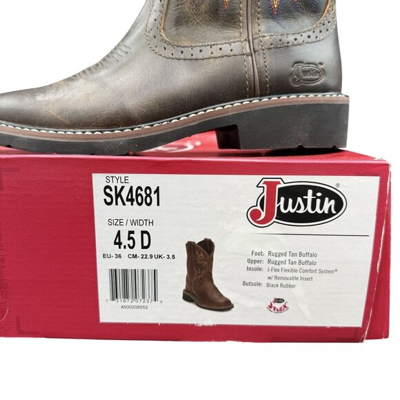 Justin Western Boots Kids Rugged Tan Buffalo 4.5D Embroidered Square Toe SK4681 - Picture 3 of 15